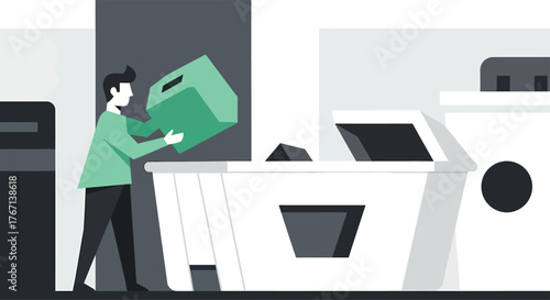 Man throwing cardboard box into recycling container at waste management facility, promoting environmental responsibility and sustainability.
