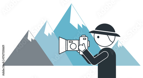 Cartoon man taking a photo of snowy mountains on a bright day, capturing the beauty of nature and the joy of travel.