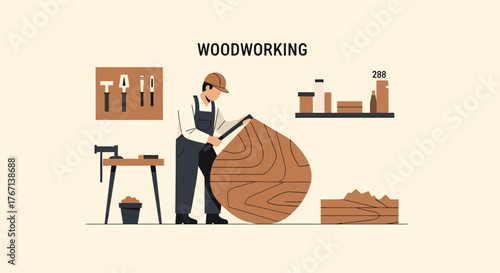 Carpenter lifting large wooden piece in workshop surrounded by tools, showcasing craftsmanship and traditional woodworking techniques.