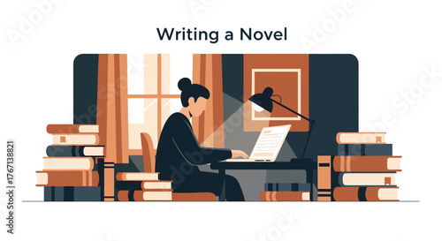 Woman writing a novel at her desk surrounded by books in a cozy room, feeling inspired and creative.