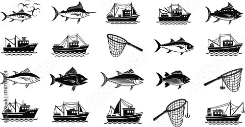 Fishing boat, tuna fish, marlin, and fishing net vector icons, commercial fishing industry symbols, ocean seafood catch illustration, black silhouette design