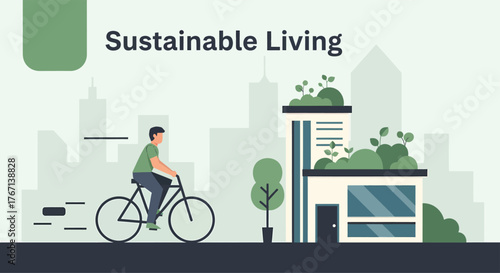 Man rides bicycle past ecofriendly buildings in urban setting, promoting sustainable lifestyle and environmental awareness.