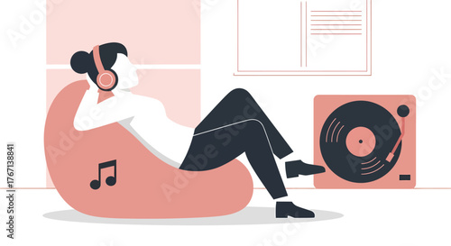 Woman relaxes on beanbag chair listening to music on headphones near record player in cozy room, enjoying peaceful afternoon.