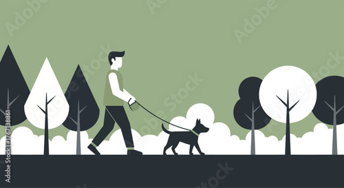 Man walking his dog in park on a leash, enjoying the fresh air and sunshine, creating a peaceful and relaxing scene.