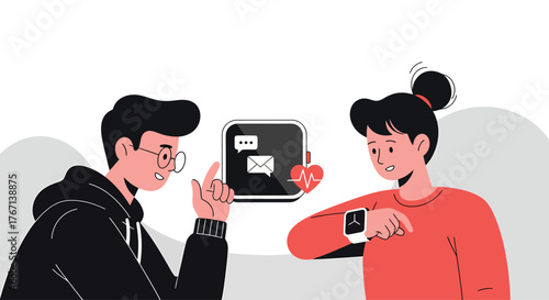 Young couple interacting with digital health app on smartwatch and tablet, discussing fitness goals and progress in a modern, minimalist setting.