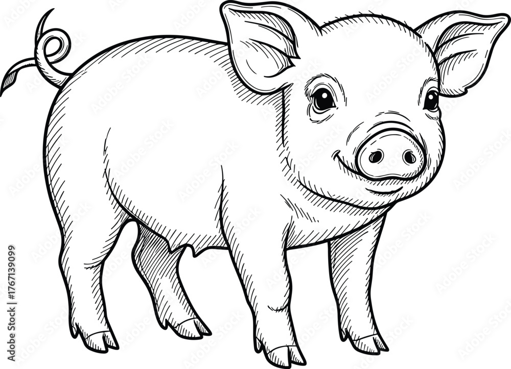 Fototapeta premium Friendly pig illustration, hand drawn farm animal, blue ink sketch, detailed livestock drawing, cute pig artwork, vintage style, rustic charm