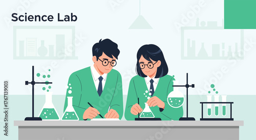 Students conduct experiment in science lab with beakers and flasks, showcasing scientific research and learning in educational setting.