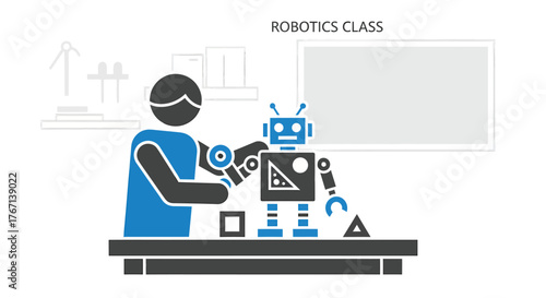 Student assembles small robot in classroom, learning about robotics and engineering with tools and whiteboard in the background, showcasing education and technology.