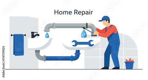 Plumber fixing leaky pipes under sink in bathroom with wrench, showcasing home repair service and expertise.