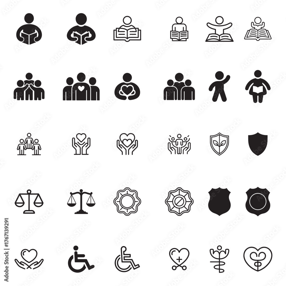 Fototapeta premium Social policy icons outline and solid vector set silhouette