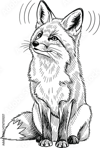 Fox illustration, hand drawn sketch, blue ink artwork, sitting animal, fluffy tail, attentive ears, wildlife drawing, artistic line art, nature inspired