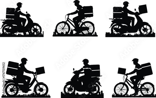 Silhouette delivery riders on bicycles, scooters, and motorcycles with boxes above cityscape base for urban logistics and courier service illustration