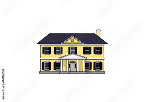 Elegant Yellow Colonial House with Black Shutters and a Front Porch on a White Background