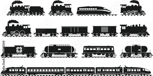 Historic steam locomotives, modern high speed trains, freight cars, passenger coaches, railway evolution, transportation history, vintage caboose, tank wagons, rail industry