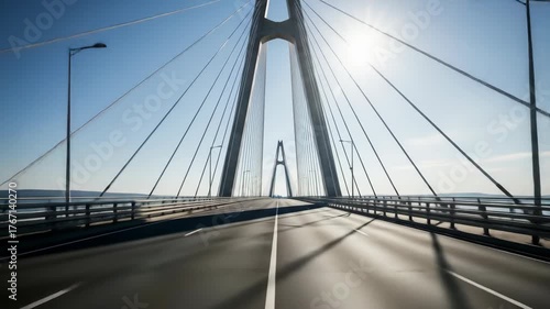 A modern suspension bridge, shot from the road, leading towards the horizon with a bright sky