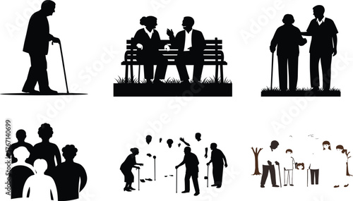 Silhouette illustration of elderly people walking, sitting on benches, socializing and spending time with family, concept of aging and care support.