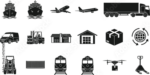 Logistics, transportation, cargo shipping, freight delivery, warehouse, supply chain, global distribution, truck, airplane, ship, train, forklift, drone icons illustration