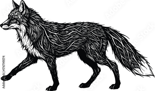 Black and white illustration of a fox with detailed fur texture walking animal wildlife