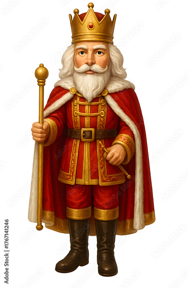 Obraz premium King Nutcracker in Red and Gold Robes Holding Royal Scepter | Transparent Background