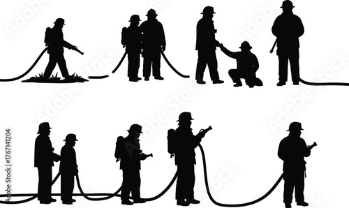 Silhouette illustration of firefighters working together with hoses and equipment, symbolizing teamwork, emergency response, safety, and fire rescue service.