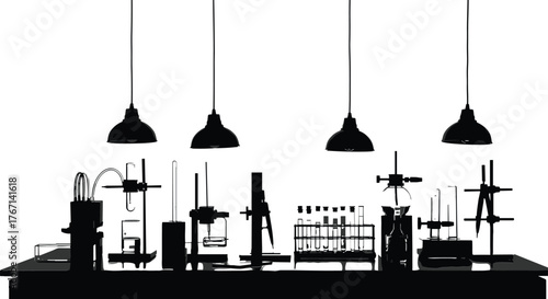 Black silhouette laboratory bench with scientific equipment and hanging lamps science research