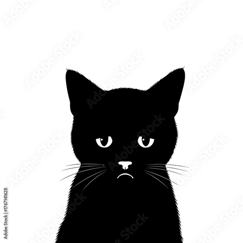 Grumpy black cat with sad expression peeking from the side, conveying relatable feline mood and humor for various creative projects.