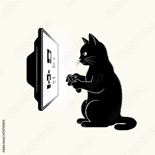 Whimsical black cat engrossed in playing video games on screen with controller, capturing modern leisure and playful digital engagement