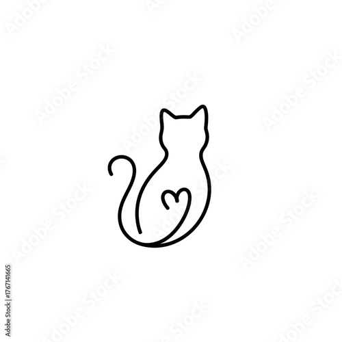 Elegant minimalist line art cat silhouette with a subtle heart shape conveying love and companionship for pet brands and animal lovers