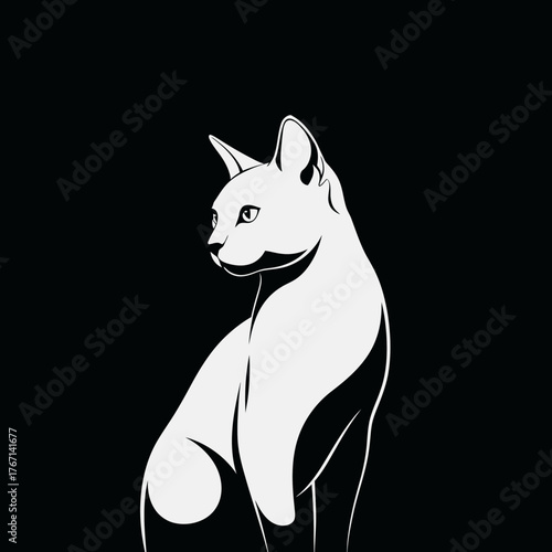 Elegant white cat silhouette with striking eyes gazes intently against a deep black background, exuding sophistication and mystery.