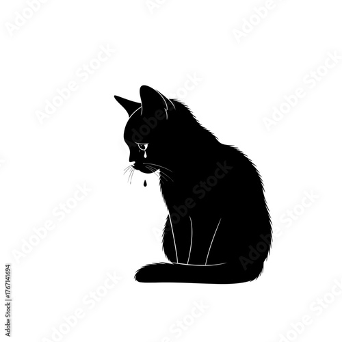 Melancholy black cat silhouette shedding a single tear, conveying deep sadness and emotional distress in a minimalist design