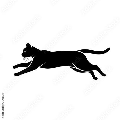 Dynamic silhouette of a sleek black cat leaping forward with grace and speed, symbolizing agility and stealth in motion.