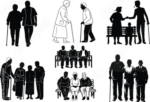 Silhouette illustrations of elderly people with canes, companions, and children in social interaction, community support, and aging care scenes