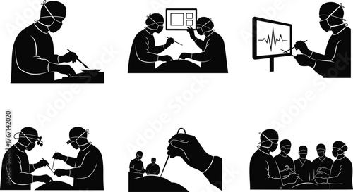 Silhouette illustrations of surgeons and medical professionals performing surgery, monitoring patients, and collaborating in hospital operating room environments