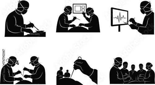 Silhouette illustrations of surgeons and medical staff performing surgery with monitors, instruments, and teamwork in hospital operating room environments