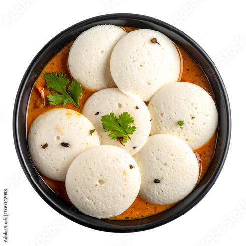 top view of indian food idli sambar in a bowl isolated on white transparent background Remove png