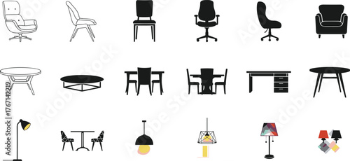 Modern furniture collection, stylish chairs, dining tables, office desk, pendant lights, floor lamps, table lamps, interior design, home decor inspiration