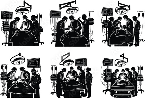 Silhouette illustrations of surgeons and nurses performing surgery with medical equipment in hospital operating rooms, teamwork and patient care scenes