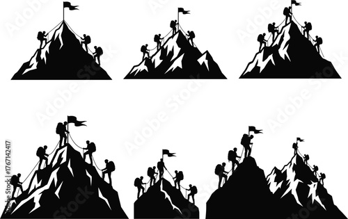 Silhouette mountain climbers reaching summit with flag, teamwork, adventure, success, hiking gear, outdoor challenge, motivation, achievement, vector illustration