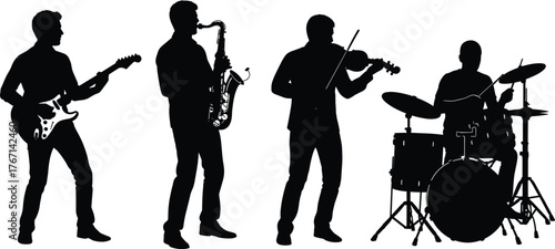 Silhouette musicians playing electric guitar, saxophone, violin, and drums in energetic band performance for music design, poster, and decoration
