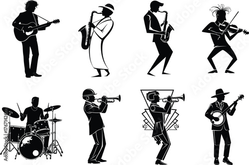 Silhouette musicians playing guitar, saxophone, trumpet, violin, drums, and banjo in vintage jazz, rock, folk, and classical performance poses