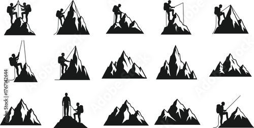 Mountain climbing icons, adventure silhouette, hiking symbol, mountaineer teamwork, peak achievement, outdoor exploration, alpine challenge, success concept, motivation, perseverance
