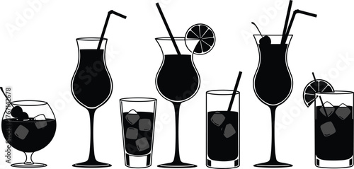 Collection of black silhouette cocktail drinks with ice cubes and garnishes beverage