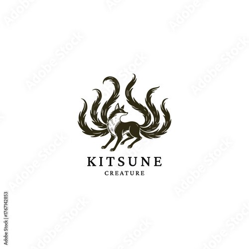 illustration of a mythical Japanese Kitsune (Nine-Tailed Fox) with multiple swirling tails, depicted in a detailed vintage woodcut style