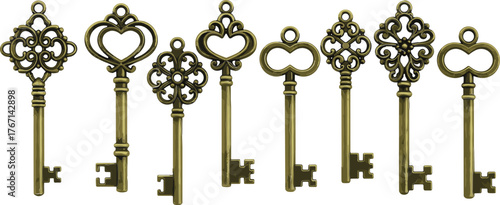 Collection of ornate antique bronze keys with decorative bow shapes antique key ornate key