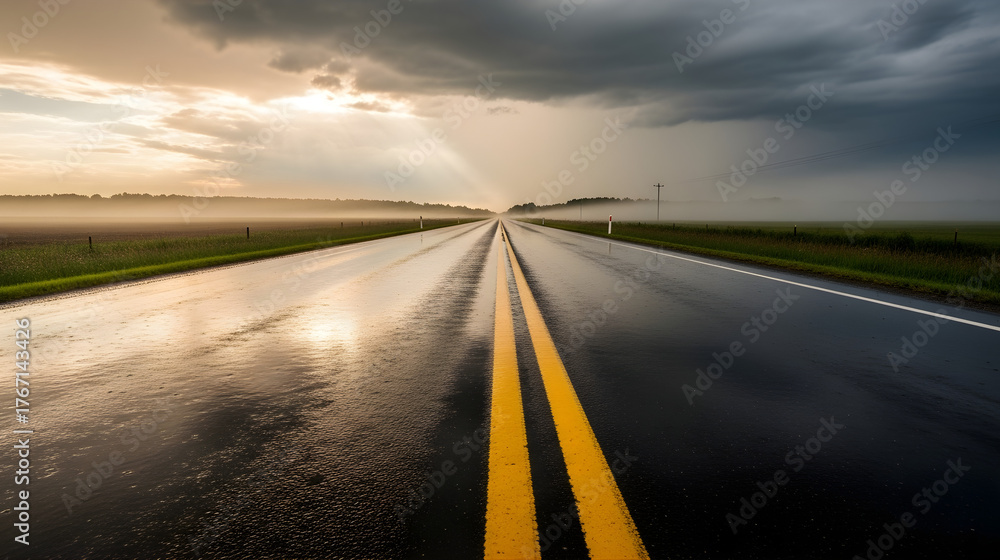 Naklejka premium Stormy Road with Sunlight Breaking Through Dramatic Clouds and Misty Horizon