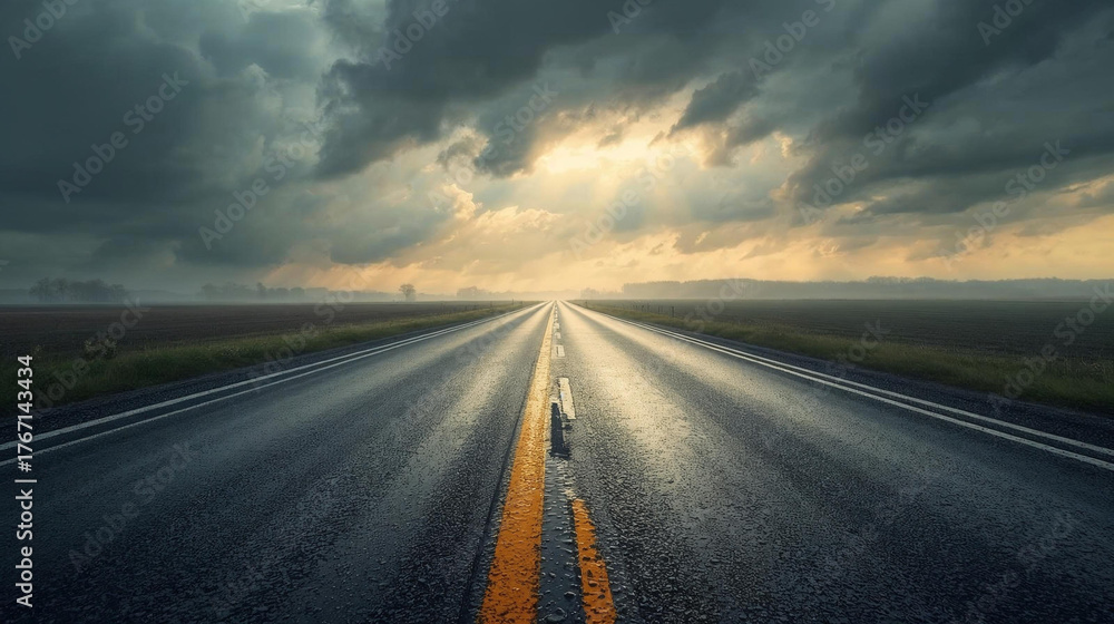 Naklejka premium Stormy Road with Sunlight Breaking Through Dramatic Clouds and Misty Horizon