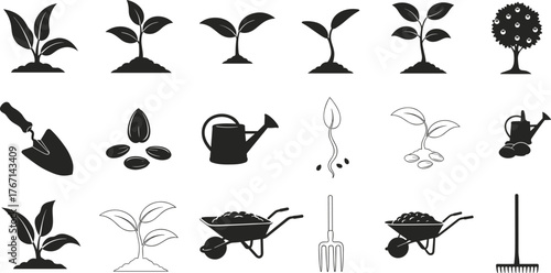 Plant growth stages, gardening tools, watering can, seeds, roots, soil, wheelbarrow, rake, eco farming, agriculture, sustainability, organic cultivation icons