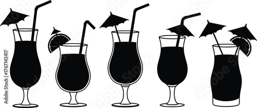 Five black silhouette tropical cocktails with straws umbrellas and citrus slices drink beverage