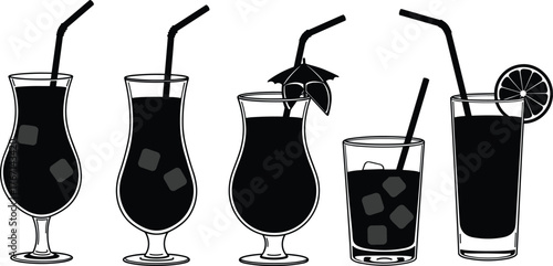 Five black silhouette cocktails with ice cubes and straws on white background drink beverage