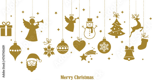 Golden Christmas Ornaments and Symbols Hanging on Dashed Lines with Stars holiday decoration